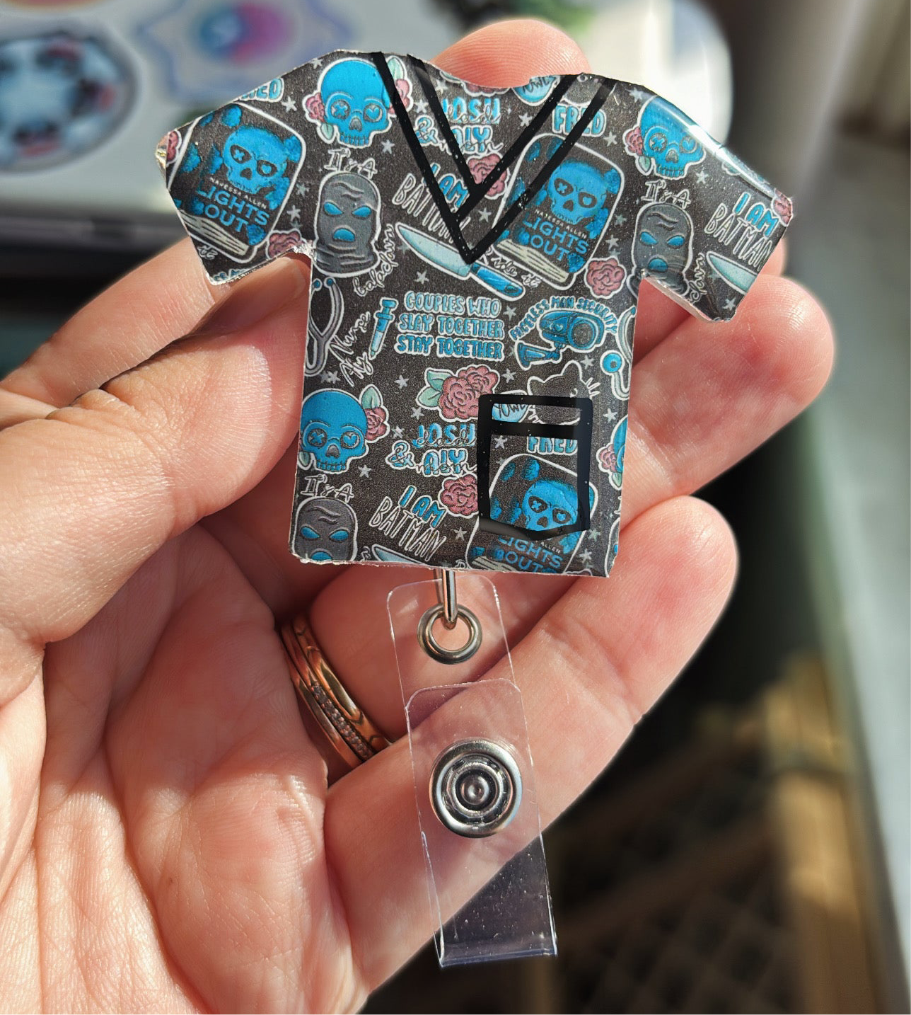 Lights Out Inspired Scrub Top Badge Reel