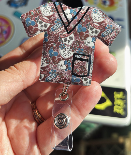Omens Band Scrub Top Badge Reel